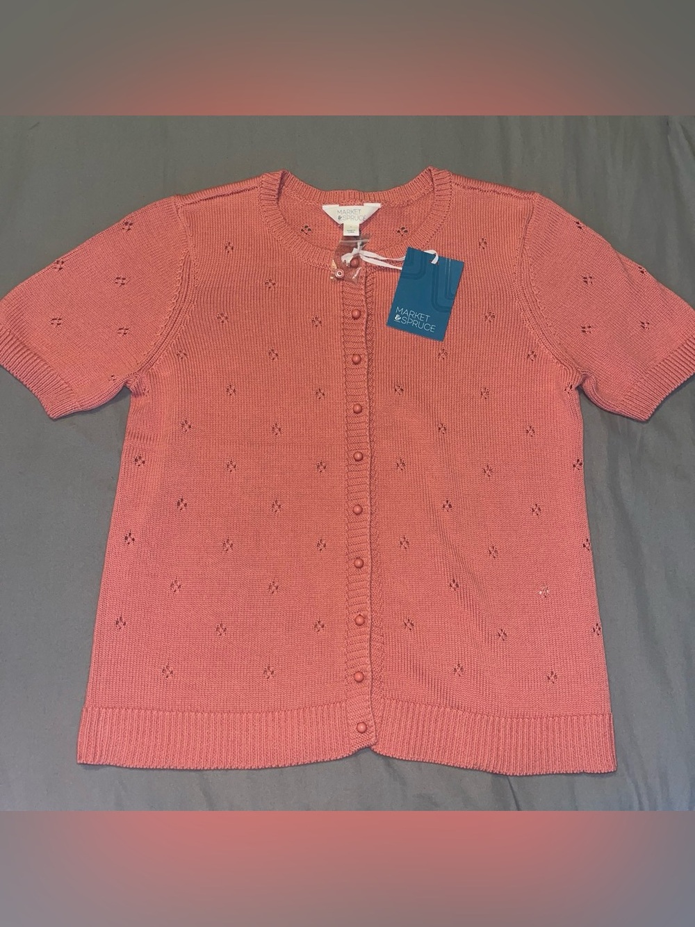 Market & Spruce Pink Eyelet Short-Sleeve Button Cardigan